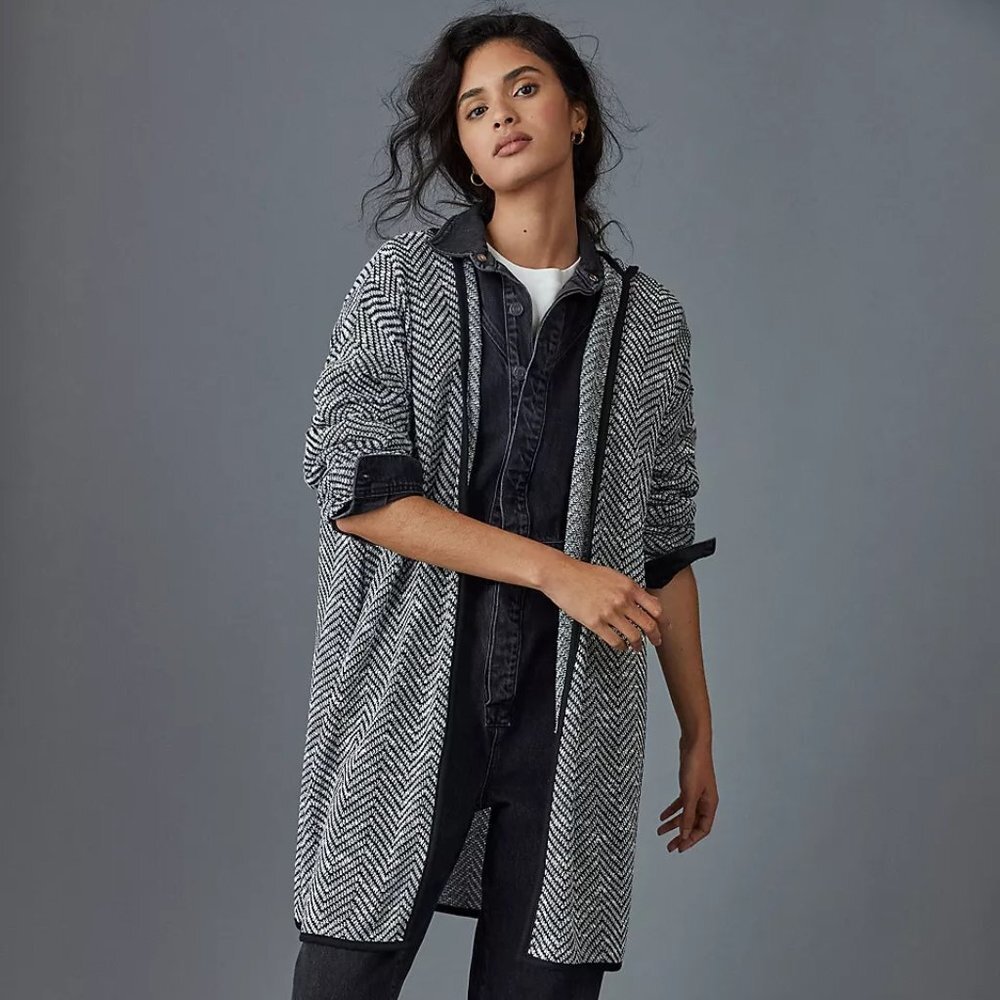 Anthropologie Maeve Bedford Black Herringbone Hooded Cardigan Sweater Size Small